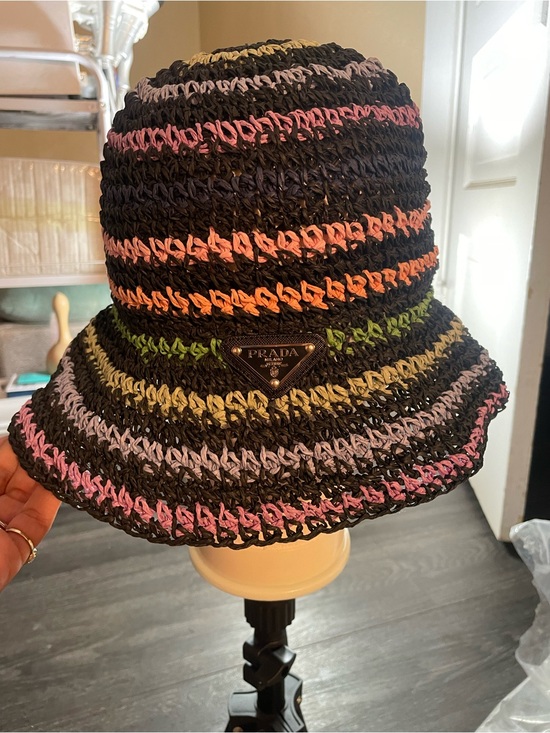 Prada Accessories - Prada Black Crochet Bucket Hat with Pastel Stripe Accents